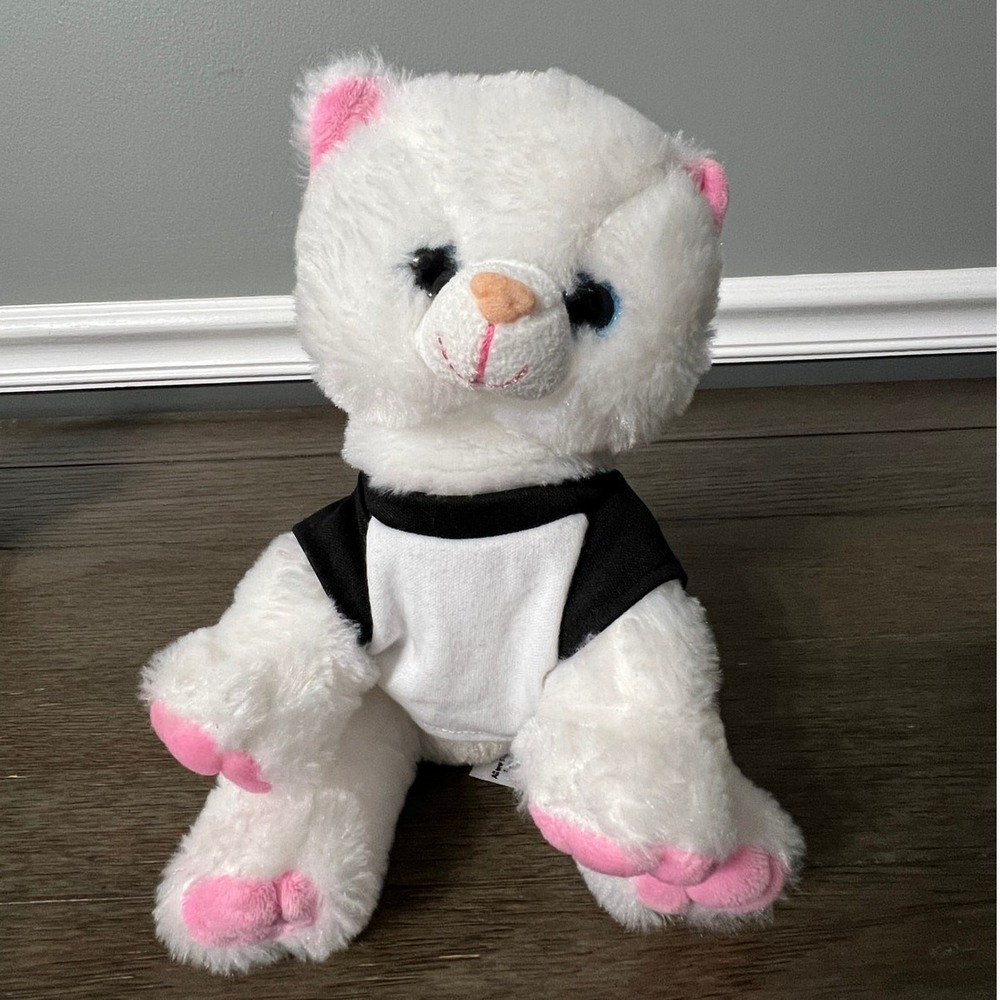 The Bear Factory White Cat Kitty Plush Pink Paws Raglan Shirt Stuffed Animal Toy